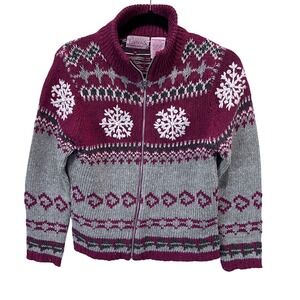 Holiday Snowflake Fair Isle Full Zip Cardigan Sweater Women Medium Burgundy Gray